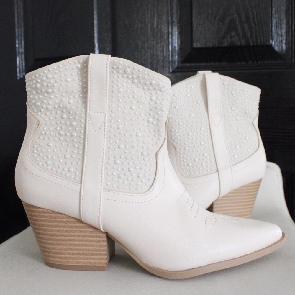 Qupid Pearl Embellished Cream Booties